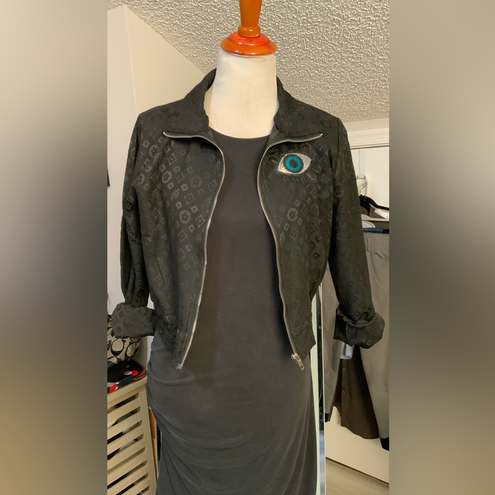 Upcycled Black Cropped Zip Jacket | Evil Eye Beaded Transfer  One-of-a-Kind - Picture 2 of 6